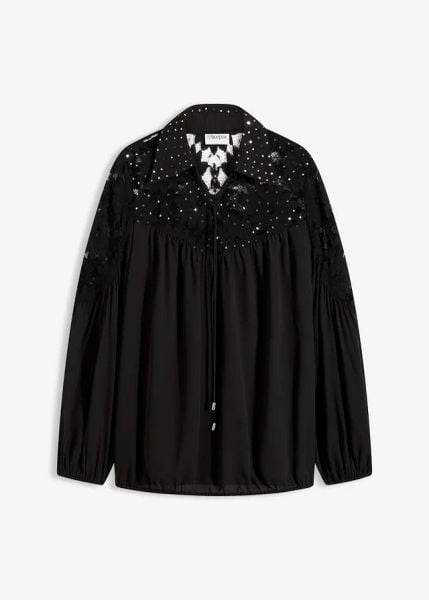 Bluzka z kołnierzykiem. Czarne bluzki damskie bonprix, bez wzorów, z koronki, bez kołnierzyka, bez ramiączek. Za 149.99 zł.