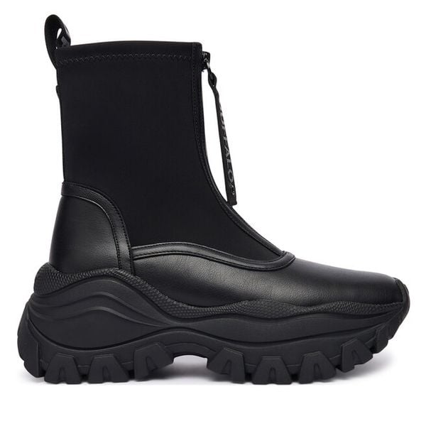 Botki Buffalo. Czarne botki damskie Buffalo, bez wzorów, bez obcasa, na płaskiej podeszwie, bez zapięcia. Za 379.99 zł.