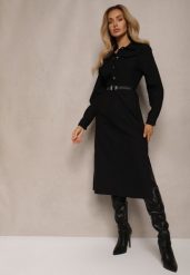 Czarna Koszulowa Sukienka z Ozdobnym Paskiem i Rozcięciami Ciarira. Czarne sukienki damskie Renee, na co dzień, l, bez wzorów, eleganckie, bez kołnierzyka, bez ramiączek, midi, koszulowe. Za 99.99 zł.
