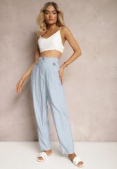 Niebieskie Spodnie Typu High Waist Ozdobione Cyrkoniami Sajara. Niebieskie spodnie materiałowe damskie Renee, bez wzorów, z jeansu, eleganckie, z podwyższonym stanem. Za 54.99 zł.