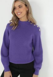 Fioletowy Sweter Dzianinowy z Długim Rękawem i Guzikami Omes. Fioletowe swetry nierozpinane damskie Born2be, bez wzorów, z dzianiny, bez kołnierzyka, bez ramiączek. Za 129.99 zł.