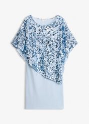 Sukienka koktajlowa z narzutką z cekinami. Niebieskie sukienki damskie bonprix, bez wzorów, bez kołnierzyka, bez ramiączek. Za 329.99 zł.