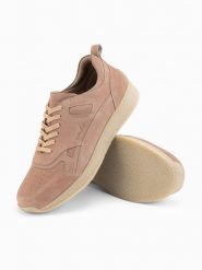 Lekkie zamszowe sneakersy męskie w stylu sportowym – beżowe V3 OM-FOSL-0205 - 45. Brązowe buty sportowe męskie Ombre Clothing, bez wzorów, z gumy, bez zapięcia. W wyprzedaży za 139.99 zł.
