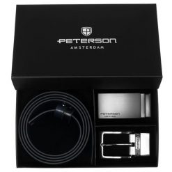 Zestaw prezentowy: dwustronny pasek skórzany w granatowym i czarnym kolorze Peterson PTN KL-B005S001 N. Czarne paski męskie Peterson, ze skóry, eleganckie. Za 139.99 zł.