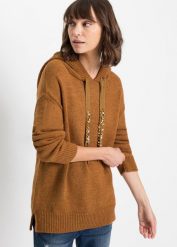Sweter z kapturem. Brązowe swetry nierozpinane damskie bonprix, bez wzorów, bez kołnierzyka, bez ramiączek. Za 117.99 zł.