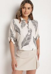Jasnobeżowa Koszula z Bawełną we Wzór Liści Lumavaie. Brązowe koszule damskie Born2be, l, bez wzorów, z bawełny, eleganckie, bez kołnierzyka, bez ramiączek. Za 54.99 zł.