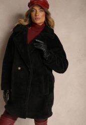 Czarny Dwurzędowy Płaszcz Futrzany o Długim Kroju Typu Teddy Malwika. Czarne płaszcze damskie Renee, l, z aplikacjami, z dzianiny, eleganckie, bez kołnierzyka, bez kaptura. Za 159.99 zł.