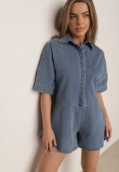 Niebieski Krótki Kombinezon Jeansowy z Kołnierzykiem w Stylu Retro Aelixera. Niebieskie sukienki damskie Born2be, na co dzień, l, bez wzorów, z jeansu, klasyczne, bez kołnierzyka, bez ramiączek, mini. Za 219.99 zł.