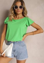 Zielony Top z Bawełny z Falbankami Zamiast Rękawów Kleuria. Zielone topy damskie Renee, xl, bez wzorów, z bawełny, eleganckie, bez kołnierzyka, bez ramiączek. Za 29.99 zł.