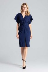Granatowa Elegancka Sukienka Midi z Zakładanym Dekoltem. Czarne sukienki damskie Figl, m, bez wzorów, z elastanu, eleganckie, bez kołnierzyka, bez ramiączek, midi. Za 289.00 zł.