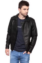 KURTKA SKÓRZANA WRANGLER PU LEATHER JACKET BLACK W4744VI01 112129037. Czarne kurtki męskie Wrangler, m, bez wzorów, z jeansu, klasyczne, bez kaptura. W wyprzedaży za 199.99 zł.