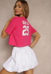 Fuksjowy Krótki T-shirt z Bawełny o Kroju Oversize Zarvela. Czerwone koszulki sportowe damskie Renee, m, z aplikacjami, z bawełny, bez ramiączek. Za 34.99 zł.