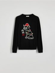 Sweter ze świątecznym wzorem - czarny. Czarne swetry męskie Reserved, l, bez wzorów, z bawełny, wizytowe, bez kołnierzyka, bez ramiączek. W wyprzedaży za 39.99 zł.