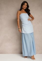 Niebieska Sukienka Koktajlowa z Dekoltem Bandeau Ozdobiona Marszczeniem Folimmea. Niebieskie sukienki damskie Renee, m, bez wzorów, eleganckie, bez kołnierzyka, bez ramiączek, maxi, kopertowe. Za 119.99 zł.