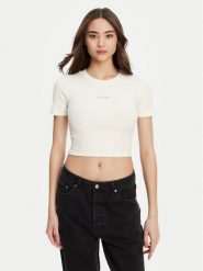 Guess T-Shirt V5YP08 K8RT2 Biały Slim Fit. Białe t-shirty damskie Guess, l, z aplikacjami, z wiskozy, bez kołnierzyka, bez ramiączek. Za 119.99 zł.