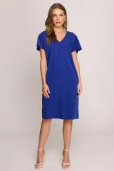 Sukienka oversize o prostym kroju z dekoltem V niebieska. Niebieskie sukienki damskie Stylove, do pracy, l, bez wzorów, z materiału, biznesowe, bez kołnierzyka, bez ramiączek, mini, dopasowane. Za 289.00 zł.