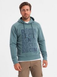 Bluza męska kangurka nierozpinana z kapturem i nadrukiem - turkusowa V2 OM-SSPS-0158 - XXL. Niebieskie bluzy męskie Ombre Clothing, l, bez wzorów, z bawełny, z kapturem. W wyprzedaży za 49.99 zł.