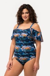 Damski Strój kąpielowy falbana miękkie miseczki ramiączka z regulacją. Niebieskie stroje kąpielowe damskie Ulla Popken, plus size, bez wzorów, z elastanu. Za 223.99 zł.