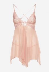 Beżowa Koronkowa Koszula Nocna na Ramiączkach z Kokardką i Stringi Jindra. Brązowe koszule nocne damskie Renee, z koronki. Za 39.99 zł.