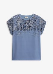 T-shirt ze wstawką z tkaniny, z połyskującymi kamieniami. Niebieskie t-shirty damskie bonprix, bez wzorów, z tkaniny, eleganckie, bez kołnierzyka, bez ramiączek. Za 37.99 zł.