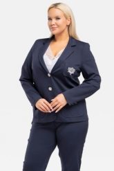 Żakiet elegancki taliowany z ozdobną aplikacją do kompletu WITO granatowy. Niebieskie marynarki i żakiety damskie KARKO, z aplikacjami, z dzianiny, biznesowe, bez kołnierzyka, bez ramiączek. Za 159.50 zł.