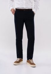 Spodnie chino R-DAVE. Niebieskie eleganckie spodnie męskie Volcano, bez wzorów, z bawełny, eleganckie. Za 179.99 zł.