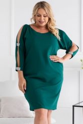 Sukienka na wesele plus size MARTINA kryształki na rękawkach butelkowa zieleń. Zielone sukienki damskie KARKO, na co dzień, plus size, bez wzorów, z elastanu, eleganckie, bez kołnierzyka, plus size, bez ramiączek, maxi, dla puszystych. Za 89.50 zł.