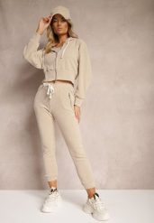 Ciemnobeżowy Komplet Dresowy z Dodatkiem Bawełny Spodnie z Gumką w Talii Bluza z Kapturem Sesaria. Brązowe bluzy damskie Renee, l, bez wzorów, z bawełny, młodzieżowe, bez ramiączek, z kapturem. Za 129.99 zł.