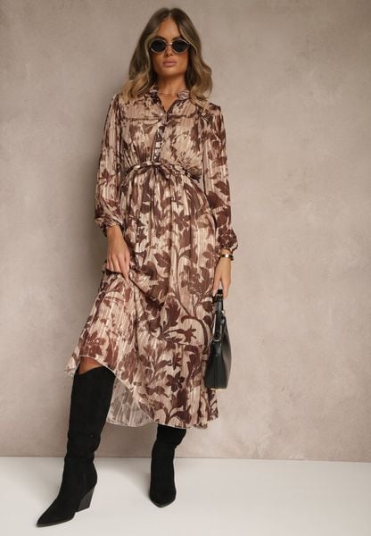 Brązowa Sukienka o Rozkloszowanym Kroju z Wiązanym Paskiem i Metaliczną Nicią Nalimirae. Brązowe sukienki damskie Renee, na co dzień, l, bez wzorów, z elastanu, bez kołnierzyka, bez ramiączek, maxi, rozkloszowane. Za 139.99 zł.