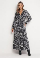 Szara Rozkloszowana Sukienka Maxi z Wiązanym Paskiem Saben. Szare sukienki damskie Born2be, l, bez wzorów, z materiału, wizytowe, bez kołnierzyka, bez ramiączek, maxi, kopertowe. Za 149.99 zł.