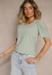 Zielony T-shirt z Prążkowanej Tkaniny z Zakładkami przy Rękawach Kolaniella. Zielone t-shirty damskie Renee, l, bez wzorów, z jeansu, eleganckie, bez kołnierzyka, bez ramiączek. Za 34.99 zł.