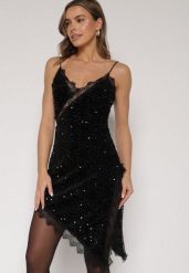Czarna Sukienka o Asymetrycznym Kroju z Cekinami i Koronką Eldafera. Czarne sukienki damskie Born2be, na imprezę, l, z aplikacjami, z jeansu, eleganckie, z asymetrycznym kołnierzem, bez ramiączek, asymetryczne. Za 129.99 zł.