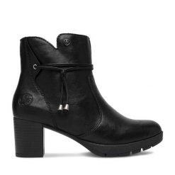 Botki Rieker. Czarne botki damskie Rieker, bez wzorów, bez obcasa, na słupku, bez zapięcia. Za 359.99 zł.