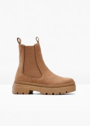 Sztyblety. Brązowe botki damskie bonprix, bez wzorów, bez obcasa, bez zapięcia. Za 147.99 zł.