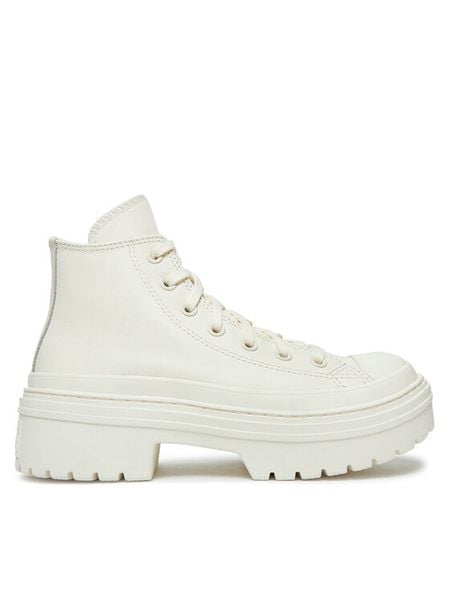Converse Trzewiki Chuck Taylor All Star Lugged Heel Leather Platform A10370C Biały. Białe botki damskie Converse, bez wzorów, ze skóry, retro, bez obcasa, na płaskiej podeszwie, bez zapięcia. Za 368.07 zł.