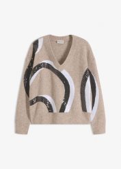 Sweter z aplikacją z cekinów. Brązowe swetry nierozpinane damskie bonprix, z aplikacjami, bez kołnierzyka, bez ramiączek. Za 159.99 zł.