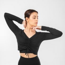 Koszulka z długim rękawem do tańca modern jazz damska Starever. Czarne bluzki damskie DOMYOS, xs, bez wzorów, z elastanu, sportowe, bez kołnierzyka, bez ramiączek. Za 69.99 zł.