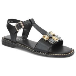 Czarne Sandały S.Barski Eleganckie Obuwie Damskie. Czarne sandały damskie S.BARSKI, bez wzorów, z koronki, bez obcasa, bez zapięcia. Za 99.00 zł.