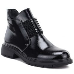 Botki damskie lakierowane czarne M.Daszyński MR2501. Czarne botki damskie M.Daszyński, bez wzorów, z lakierowanej skóry, bez obcasa, bez zapięcia. Za 159.99 zł.