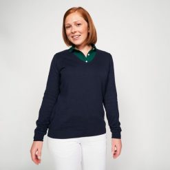 Sweter do golfa damski MW 100. Niebieskie swetry nierozpinane damskie INESIS, l, bez wzorów, z bawełny, eleganckie, bez kołnierzyka, bez ramiączek. Za 69.99 zł.