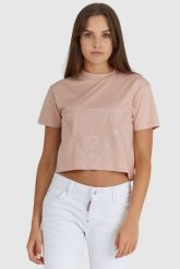 GUESS Krótki różowy t-shirt damski z logo. Czerwone t-shirty damskie Guess, s, z aplikacjami, z bawełny, bez kołnierzyka, bez ramiączek. W wyprzedaży za 129.99 zł.