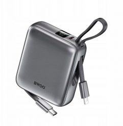 BWOO power bank P74 22.5W 10000 mAh z 2 wbudowanymi kablami 1 x USB-C 1 x Lightning srebrny. Szare powerbanki Wekome. Za 75.74 zł.