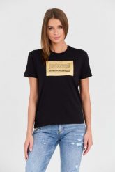 JUST CAVALLI Czarny t-shirt R Gold Tiger Label. Czarne t-shirty damskie Just Cavalli, s, bez wzorów, bez kołnierzyka, bez ramiączek. W wyprzedaży za 269.99 zł.