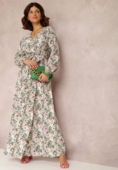 Jasnobeżowa Sukienka Katiphae. Brązowe sukienki damskie Renee, l, z aplikacjami, z materiału, bez kołnierzyka, bez ramiączek, maxi, kopertowe. Za 54.99 zł.