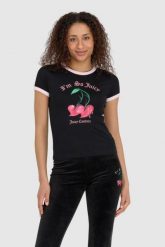 JUICY COUTURE Czarny t-shirt damski z wisienkami. Czarne t-shirty damskie Juicy Couture, s, bez wzorów, bez kołnierzyka, bez ramiączek. W wyprzedaży za 259.99 zł.
