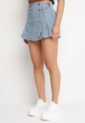 Niebieskie Spódnico-Szorty Jeansowe z Zakładką z Guzikami Vivirene. Niebieskie szorty damskie Born2be, bez wzorów, z jeansu, eleganckie. Za 84.99 zł.