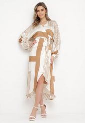 Beżowa Sukienka Kopertowa Kimono z Geometrycznym Wzorem i Wiązanym Paskiem Klerossa. Brązowe sukienki damskie Born2be, l, bez wzorów, bez kołnierzyka, bez ramiączek, midi, kopertowe. Za 139.99 zł.