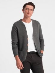 Dzianinowy męski kardigan z kieszeniami i ozdobnymi guzikami – grafitowy melanż V2 OM-SWCD-0109 - XXL. Szare swetry męskie Ombre Clothing, l, z aplikacjami, z bawełny, casualowe, bez kołnierzyka, bez ramiączek. W wyprzedaży za 69.99 zł.