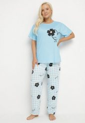 Niebieski Komplet Piżamowy z Motywem Kwiatowym Spodnie i T-shirt Milossa. Niebieskie piżamy damskie Born2be, z aplikacjami, bez ramiączek. Za 39.99 zł.