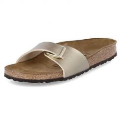 Klapki damskie Birkenstock Madrid. Żółte klapki damskie Birkenstock, na lato, bez wzorów, z materiału, bez obcasa, bez zapięcia. Za 406.00 zł.